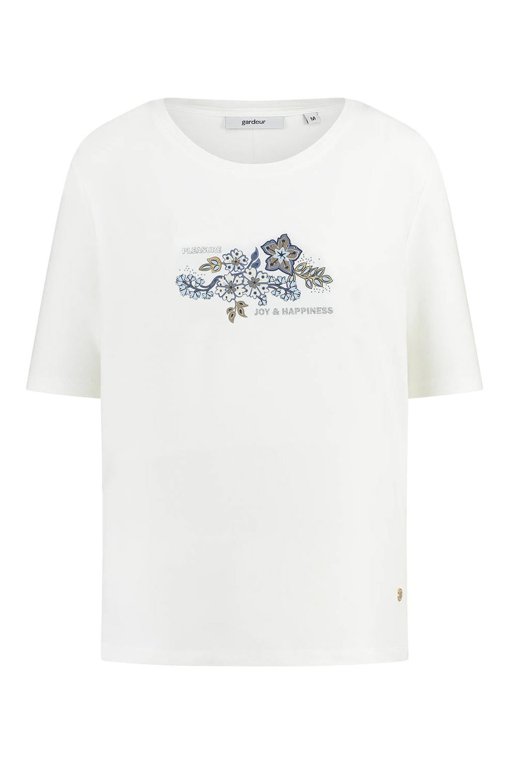 Wit en blauwe dames gardeur gebloemd T-shirt van katoen met korte mouwen en ronde hals
