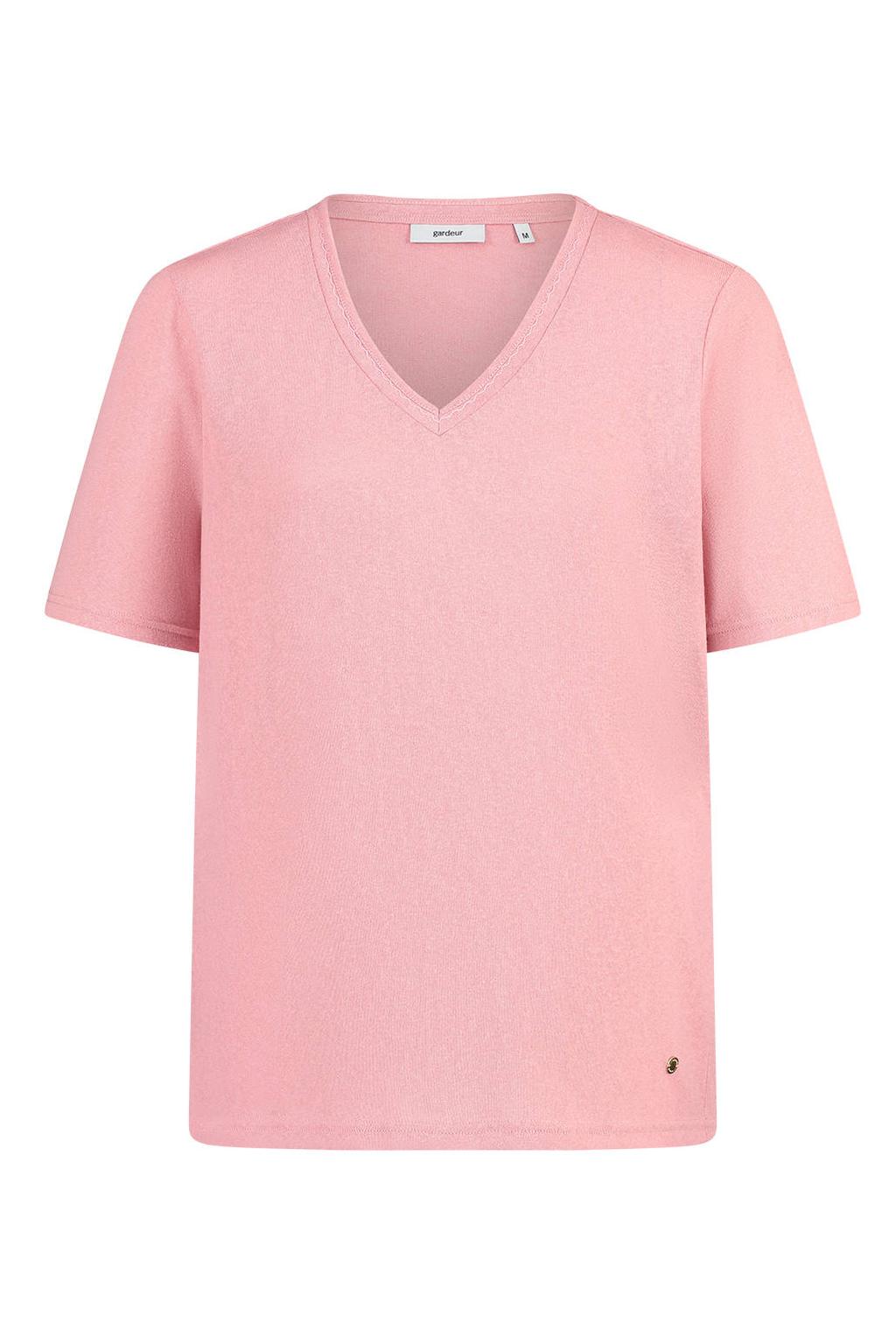 Lichtroze dames gardeur T-shirt van katoen met effen, driekwart mouwen, V-hals en geweven detail