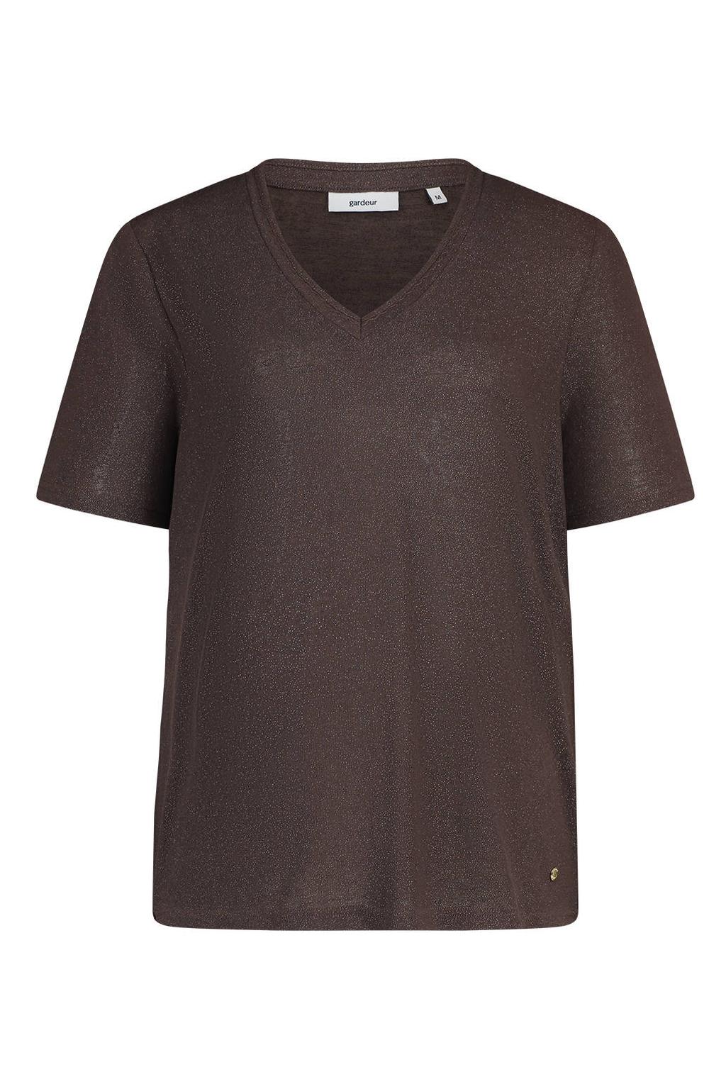 Bruine dames gardeur T-shirt van katoen met effen, korte mouwen, V-hals en geweven detail