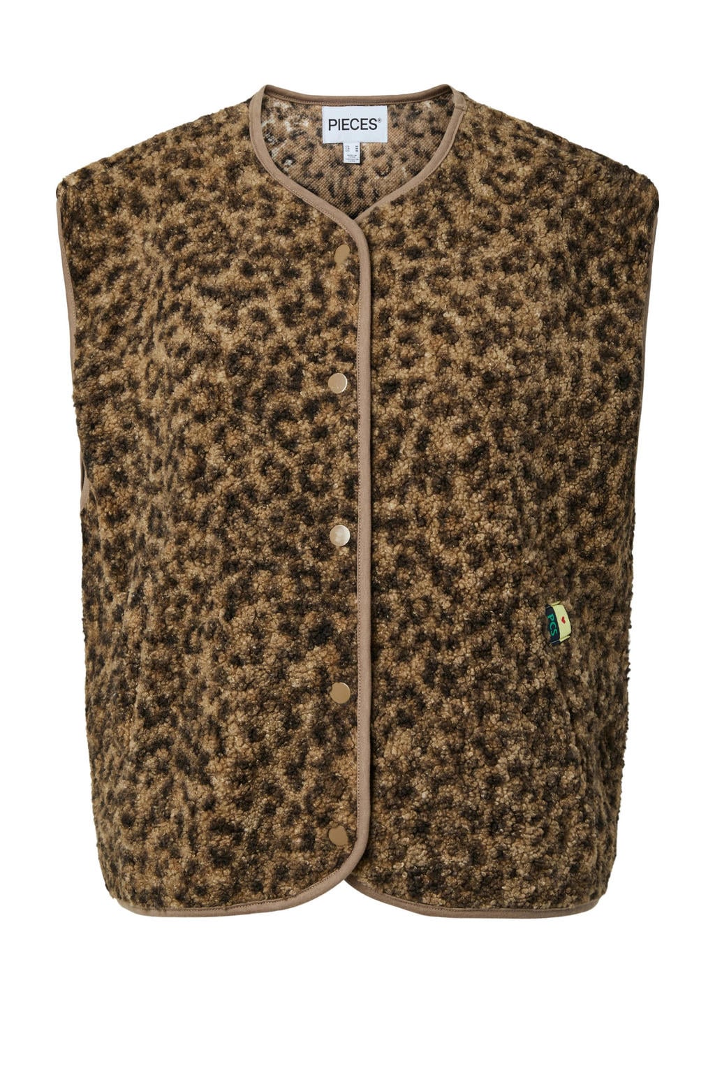 Beige en zwarte dames PIECES Curve gilet van polyester met dierenprint, V-hals en knoopsluiting