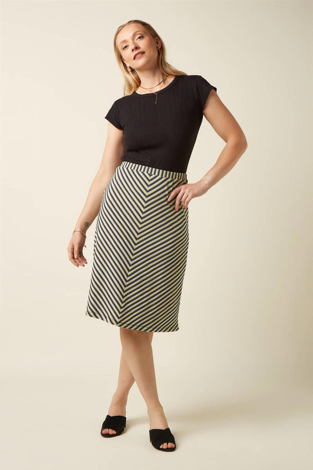 Multikleurige dames King Louie gestreepte midi rok gemaakt van polyester en met elastische tailleband