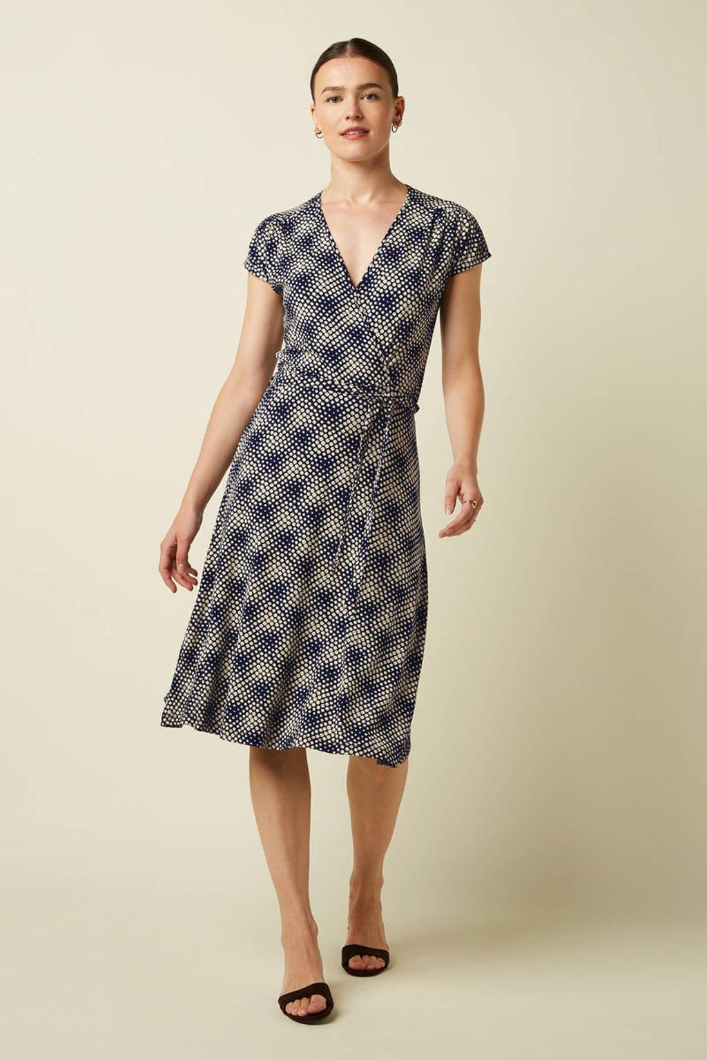 Donkerblauw en ecru dames King Louie A-lijn jurk van viscose met grafische print, korte mouwen en V-hals