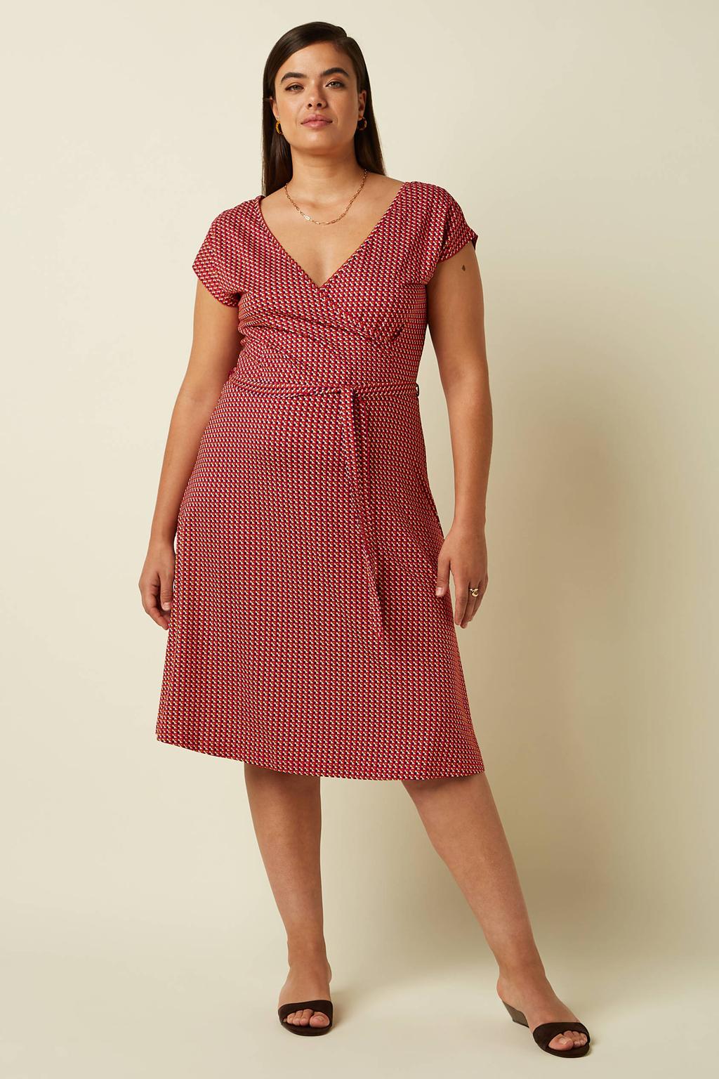 Rode dames King Louie wikkel- overslagjurk van viscose met grafische print en korte mouwen