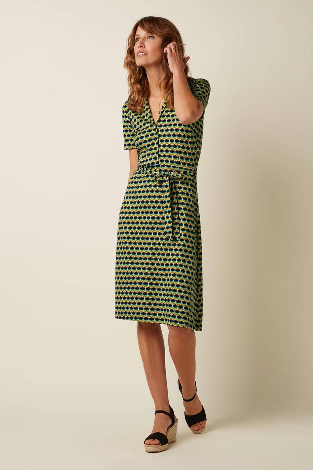 Geel en blauwe dames King Louie A-lijn jurk van viscose met grafische print, korte mouwen en reverskraag