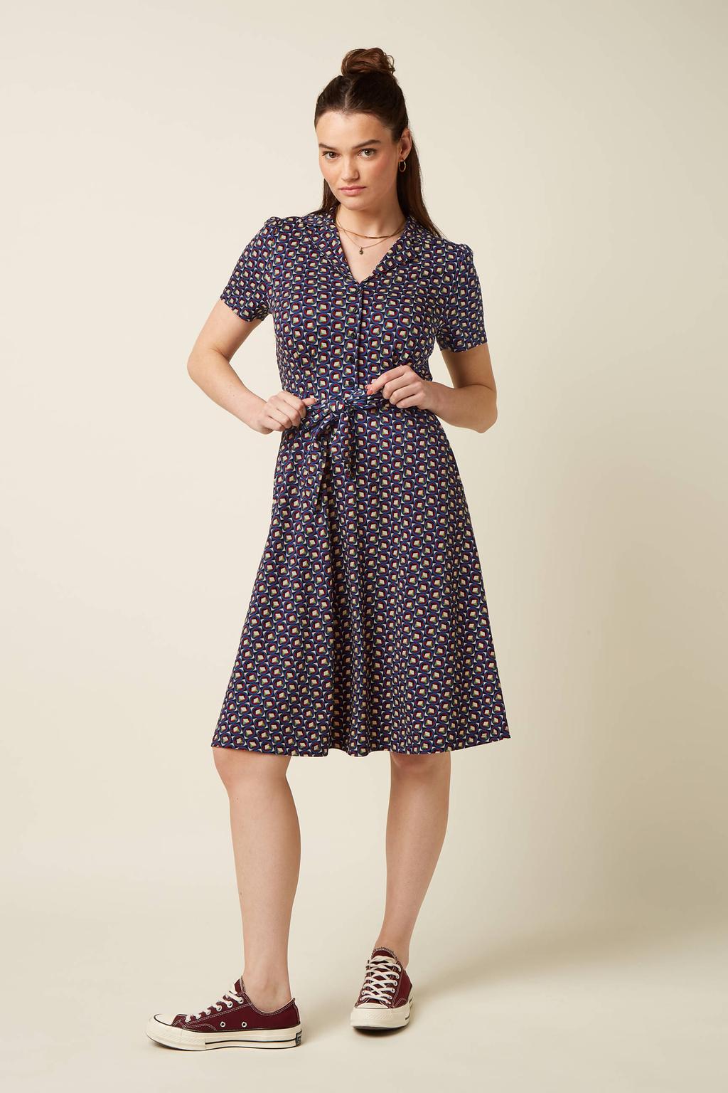 Blauwe dames King Louie midi jurk van viscose met grafische print en korte mouwen