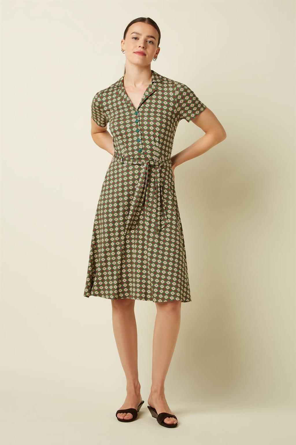 Groene dames King Louie midi jurk van viscose met grafische print, half lange mouwen en V-hals