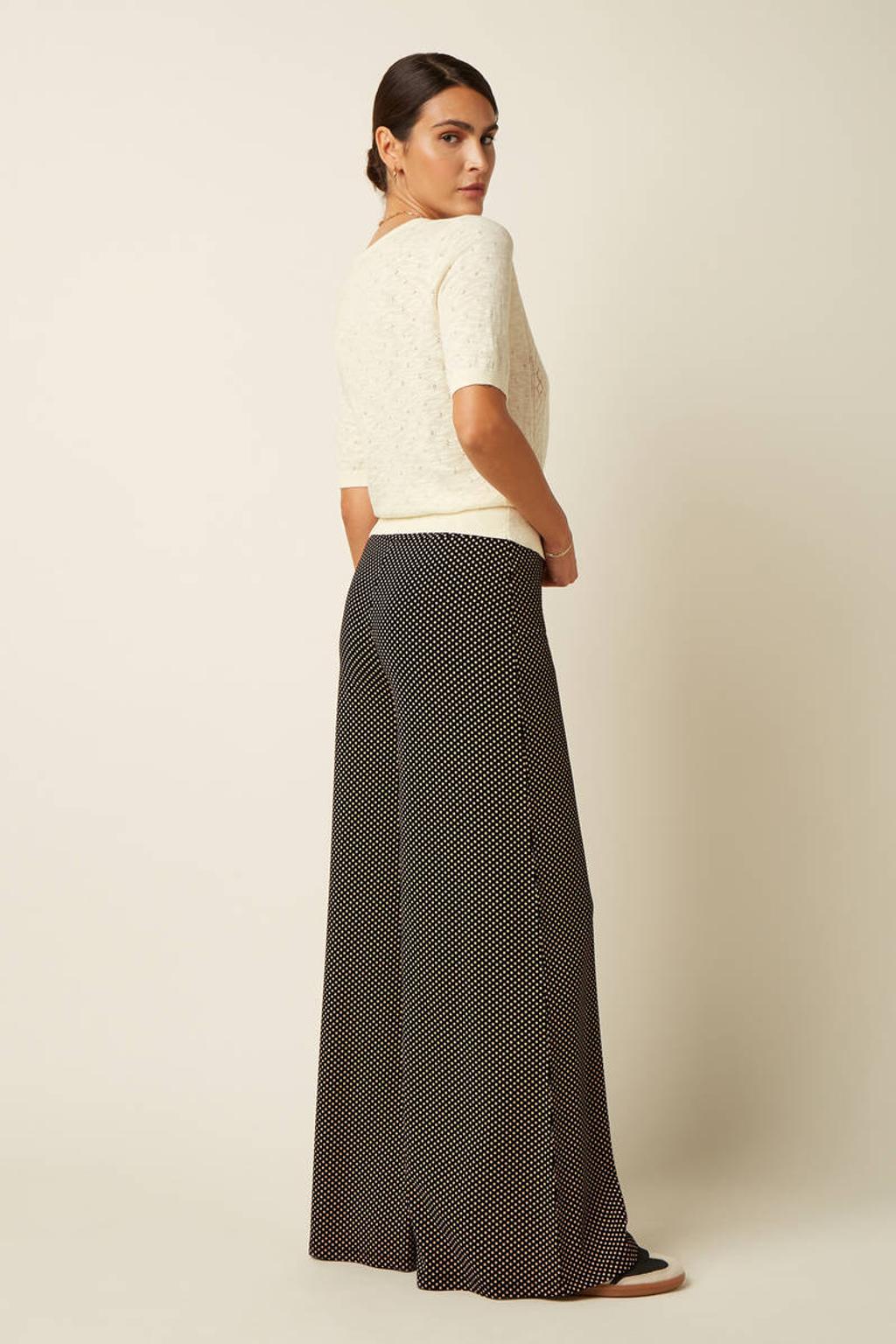 Zwart en ecru dames King Louie wide leg high waist broek van viscose met stippenprint