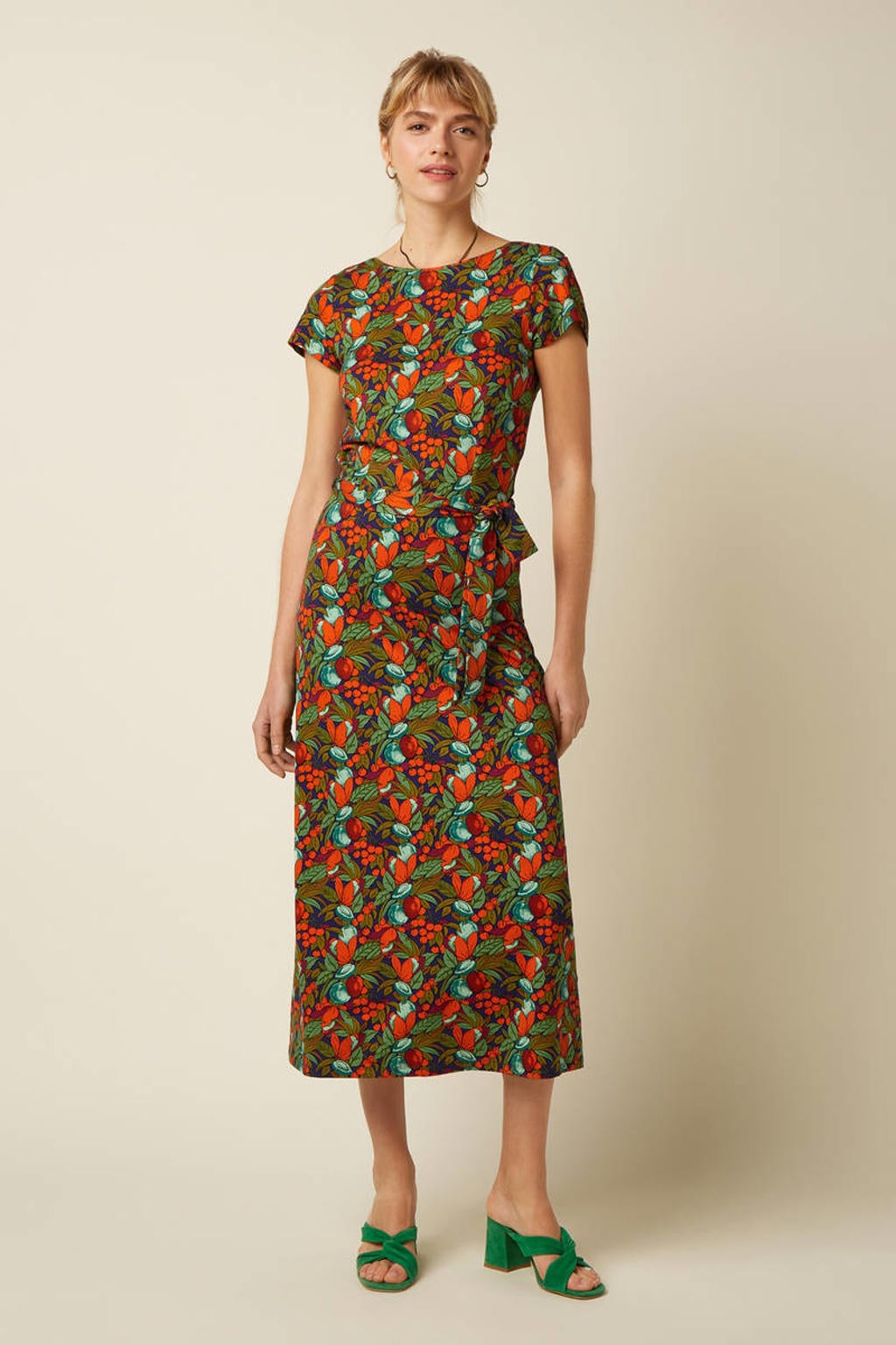 Multikleurige dames King Louie gebloemde midi jurk van viscose met korte mouwen en ronde hals
