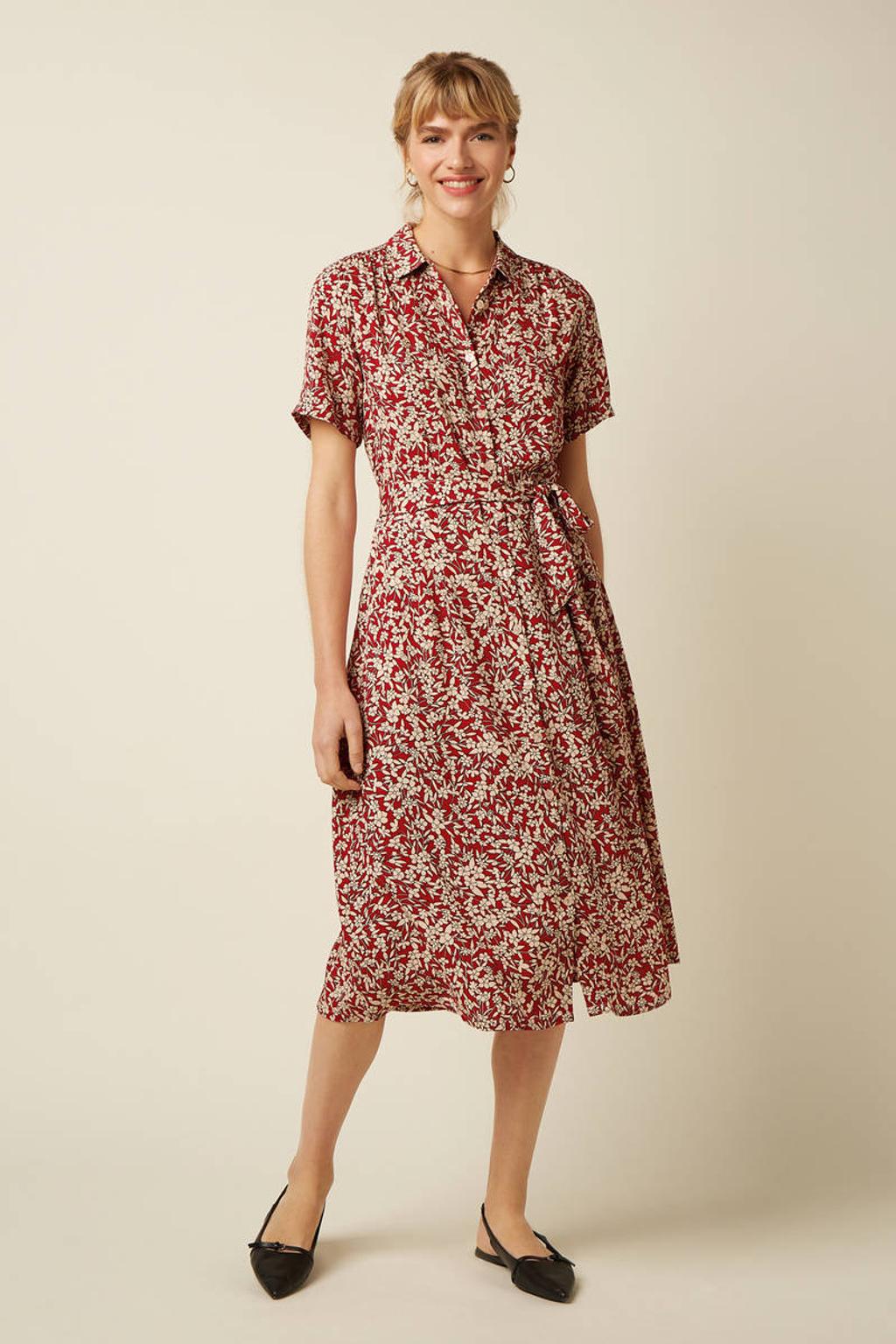 Rood en beige dames King Louie gebloemde A-lijn jurk van viscose met korte mouwen en klassieke kraag