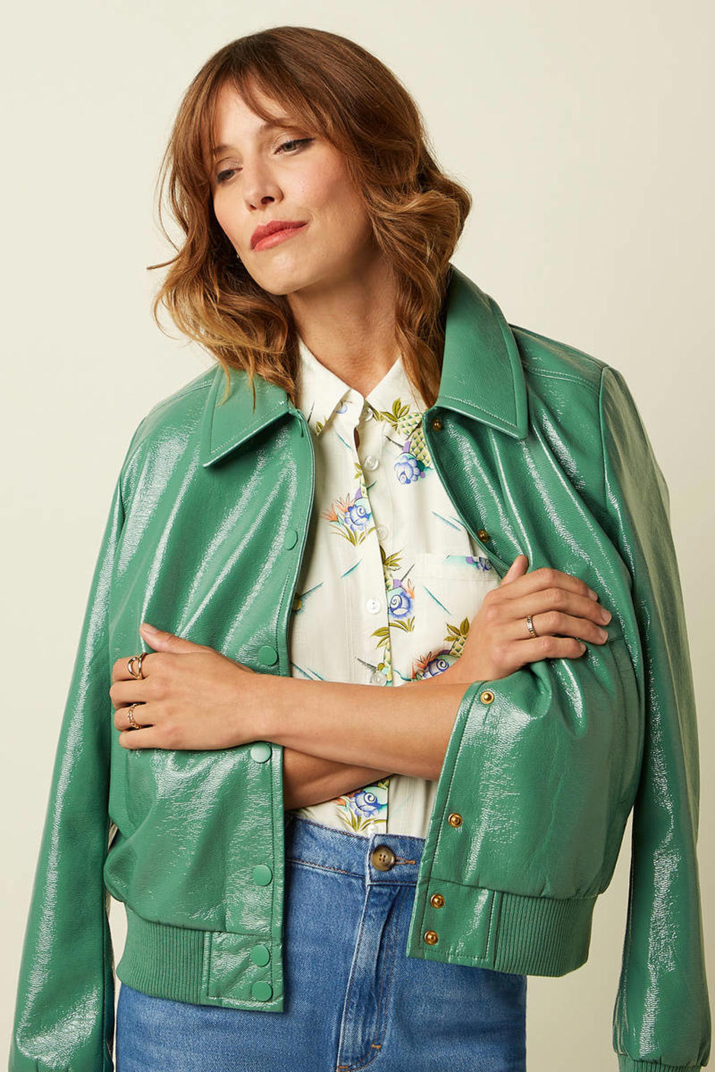Groene dames King Louie imitatieleren leren bomberjack met lange mouwen en widespread hals