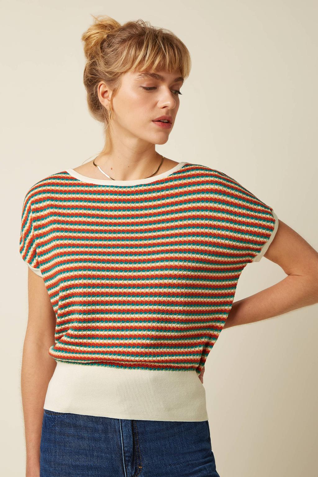 Multikleurige dames King Louie gestreepte top met korte mouwen en ronde hals