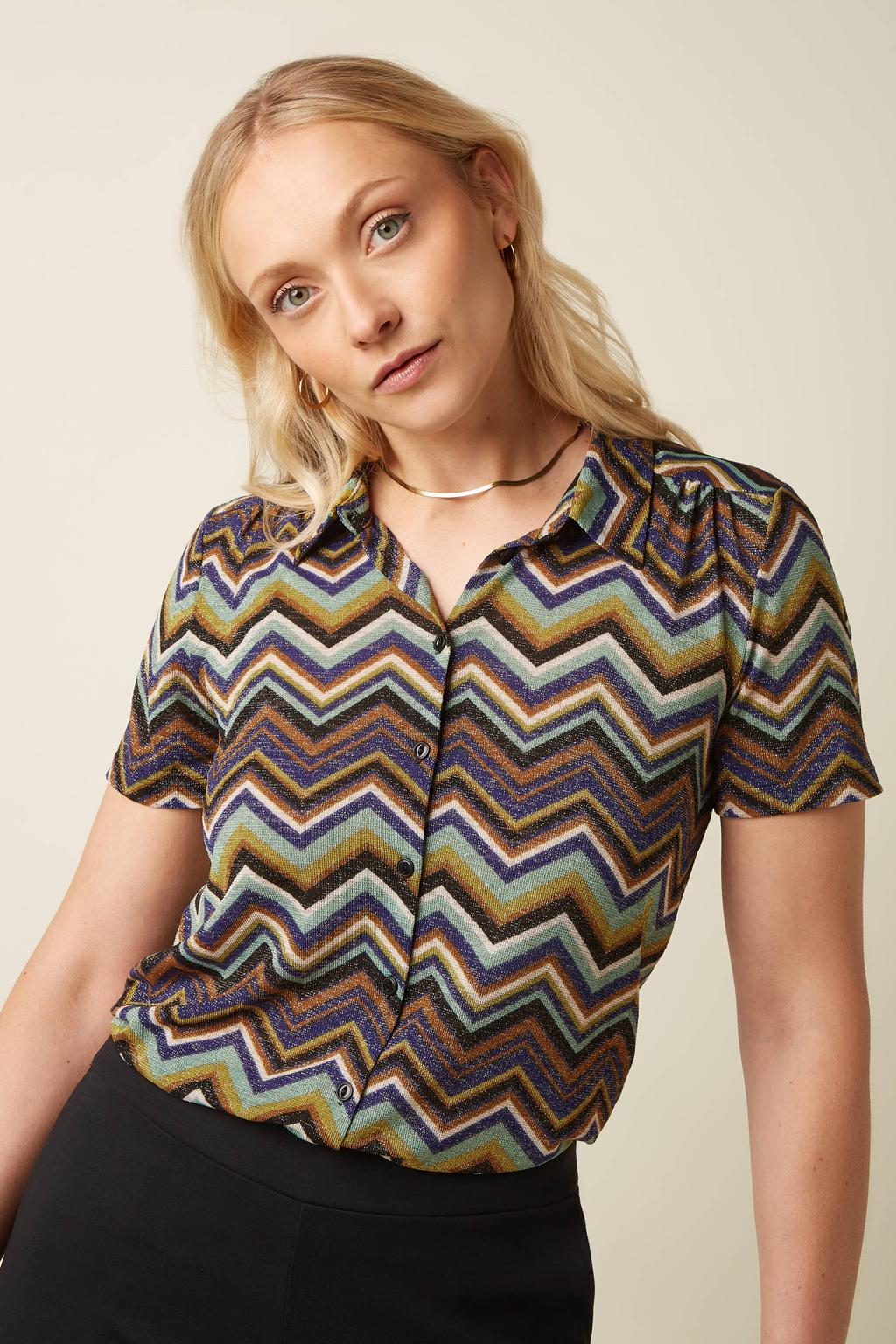 Multikleurige dames King Louie blouse van polyester met grafische print, korte mouwen en klassieke kraag