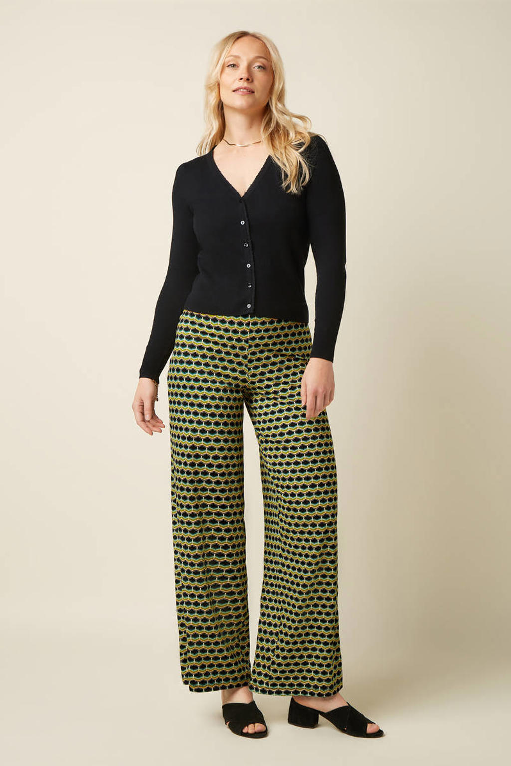 Geel en blauwe dames King Louie wide leg high waist casual broek van viscose met grafische print