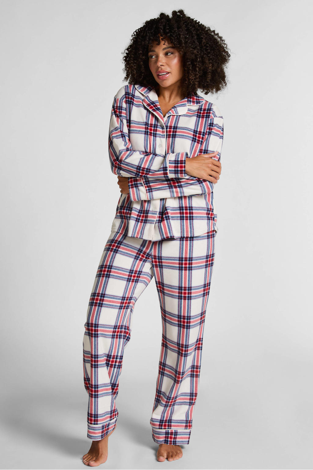 Hunkemöller fleece pyjama wit/rood/blauw