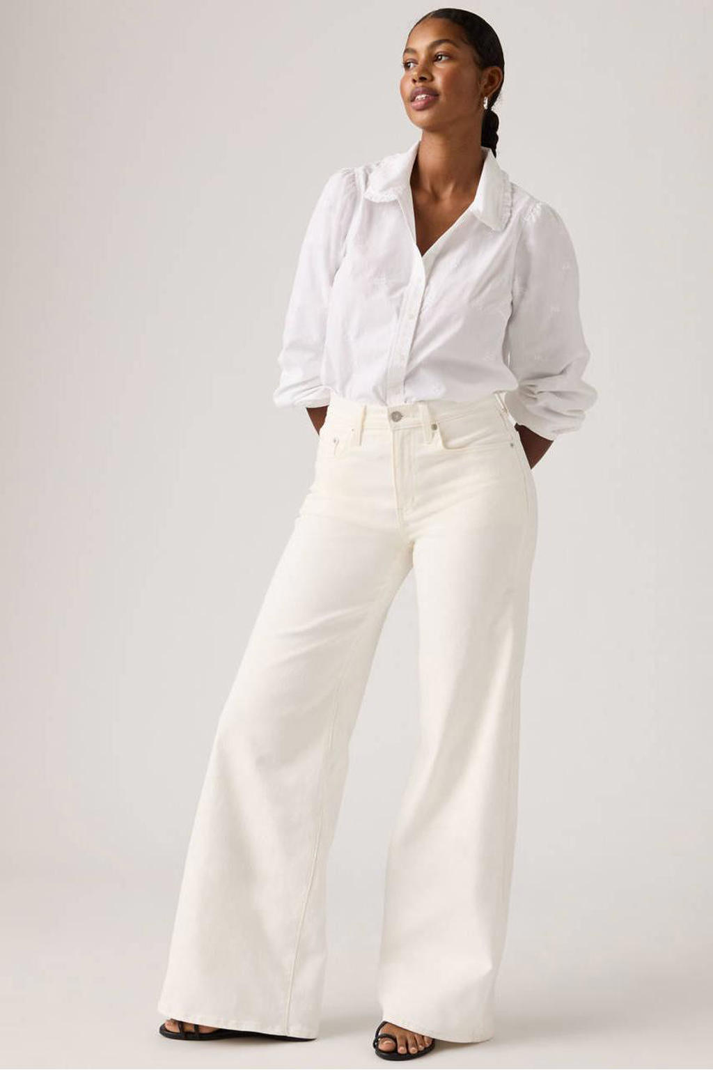 Ecru dames Levi's jeans van denim met high waist, rits- en knoopsluiting en effen
