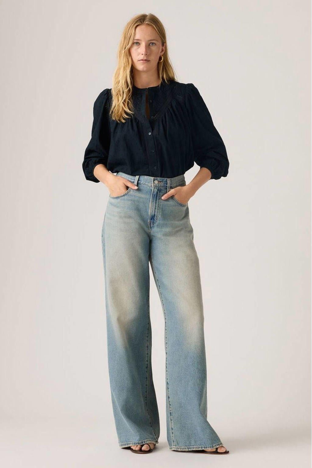 Medium blue denim dames Levi's high waist wide leg jeans van denim met rits- en knoopsluiting en effen