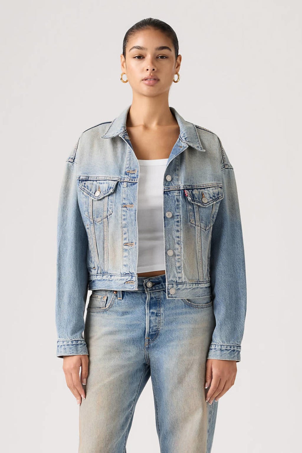 Light blue denim dames Levi's spijkerjas van katoen met effen, lange mouwen, klassieke kraag en knoopsluiting