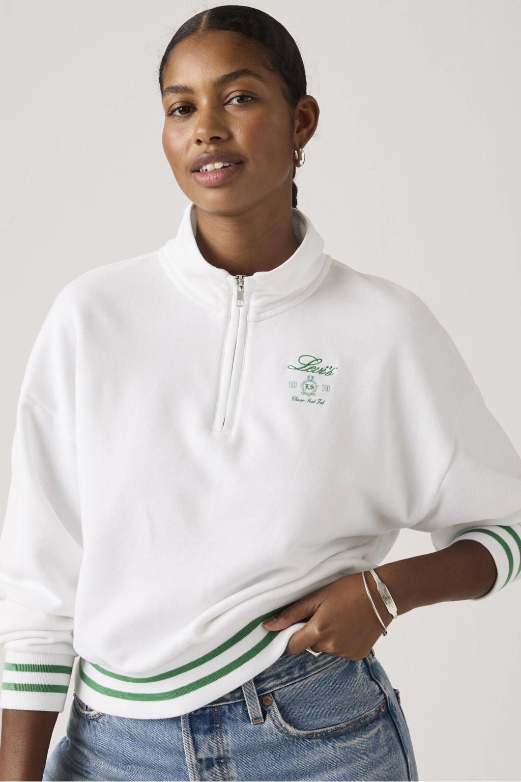 Wit en groene dames Levi's sweater van katoen met logo dessin, lange mouwen, opstaande kraag en ritssluiting