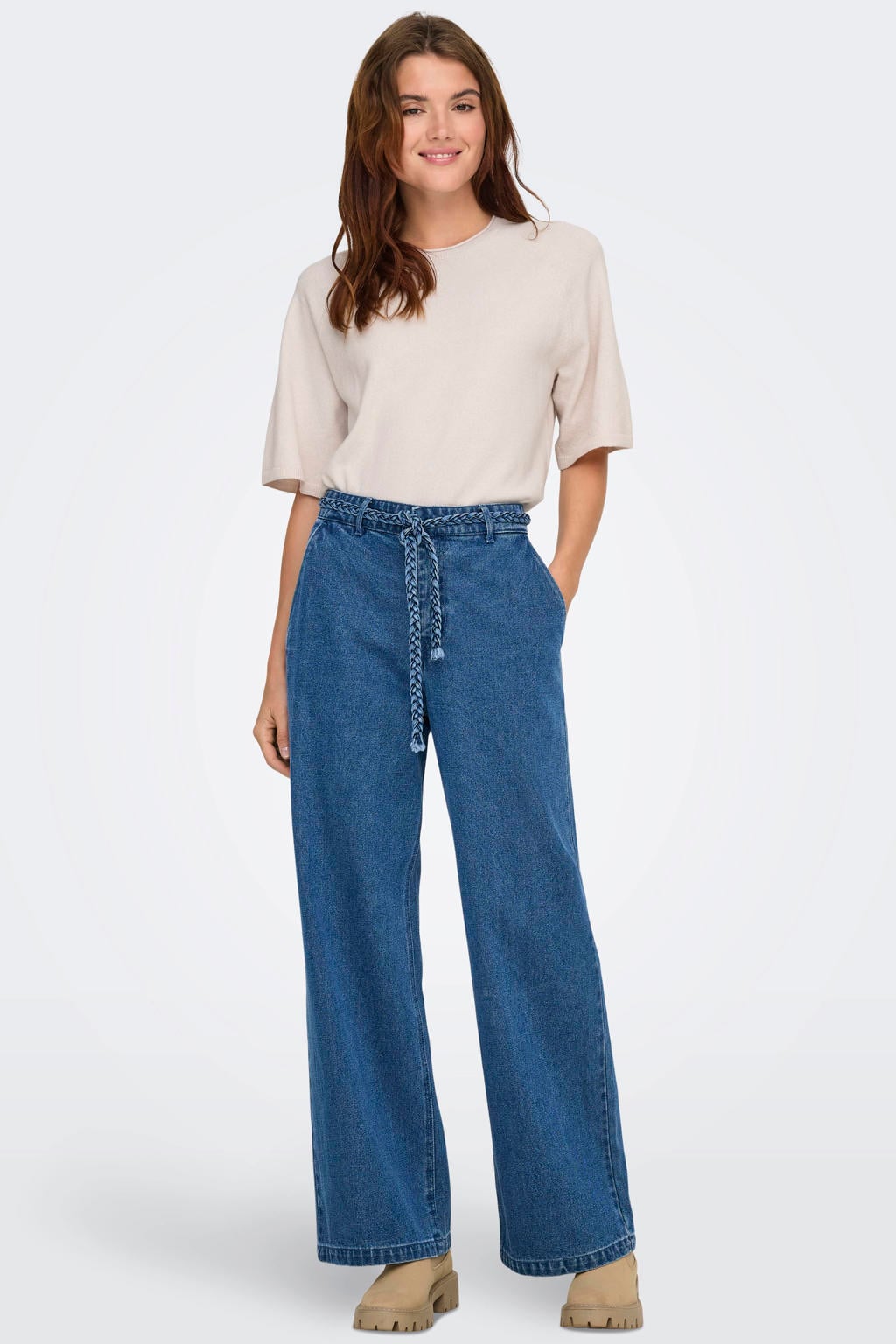 Ecru dames ONLY trui gebreid van polyester met effen, driekwart mouwen en ronde hals