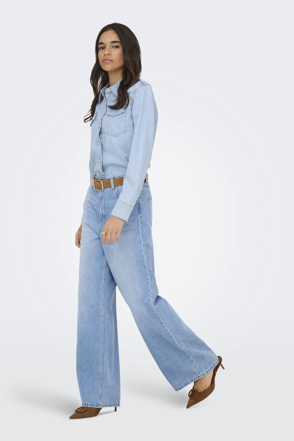 Light blue denim dames ONLY blouse van denim met effen, lange mouwen, klassieke kraag en knoopsluiting