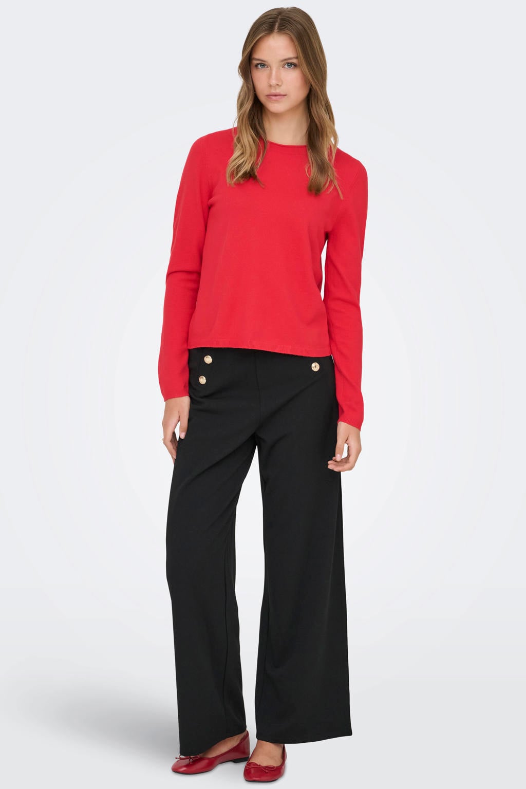 Rode dames ONLY trui gebreid van polyester met effen, lange mouwen en ronde hals