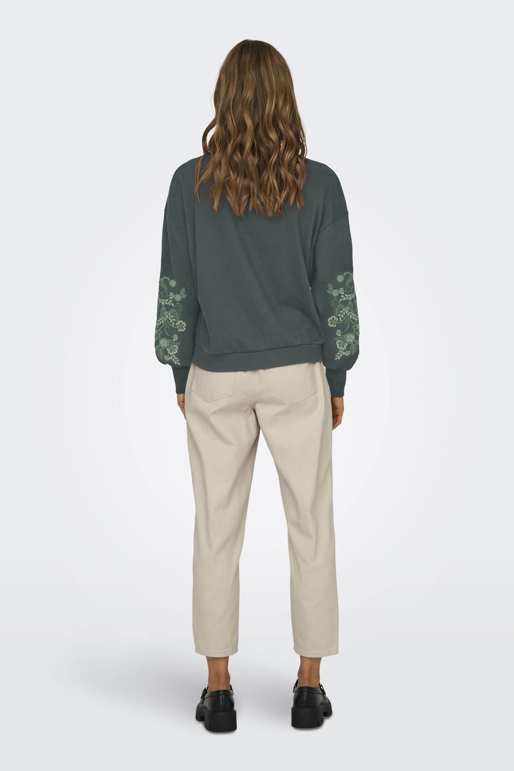 Groene dames ONLY gebloemde sweater van katoen met lange mouwen, ronde hals en borduursels