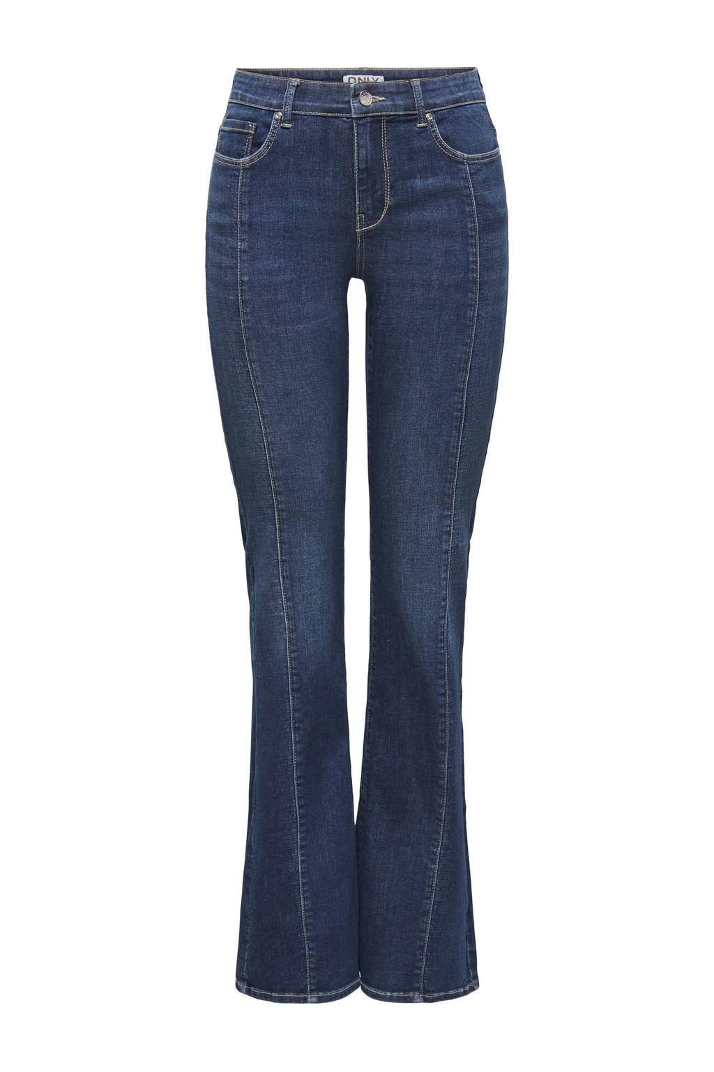 Dark blue denim dames ONLY TALL flared jeans dark blue van denim met rits- en knoopsluiting en effen