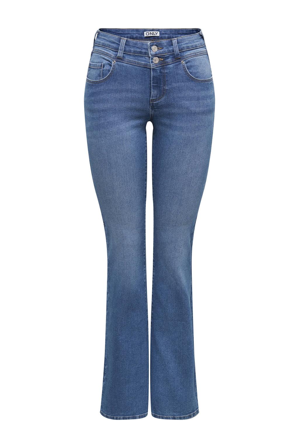 Medium blue denim dames ONLY TALL flared jeans van denim met regular waist, rits- en knoopsluiting en effen