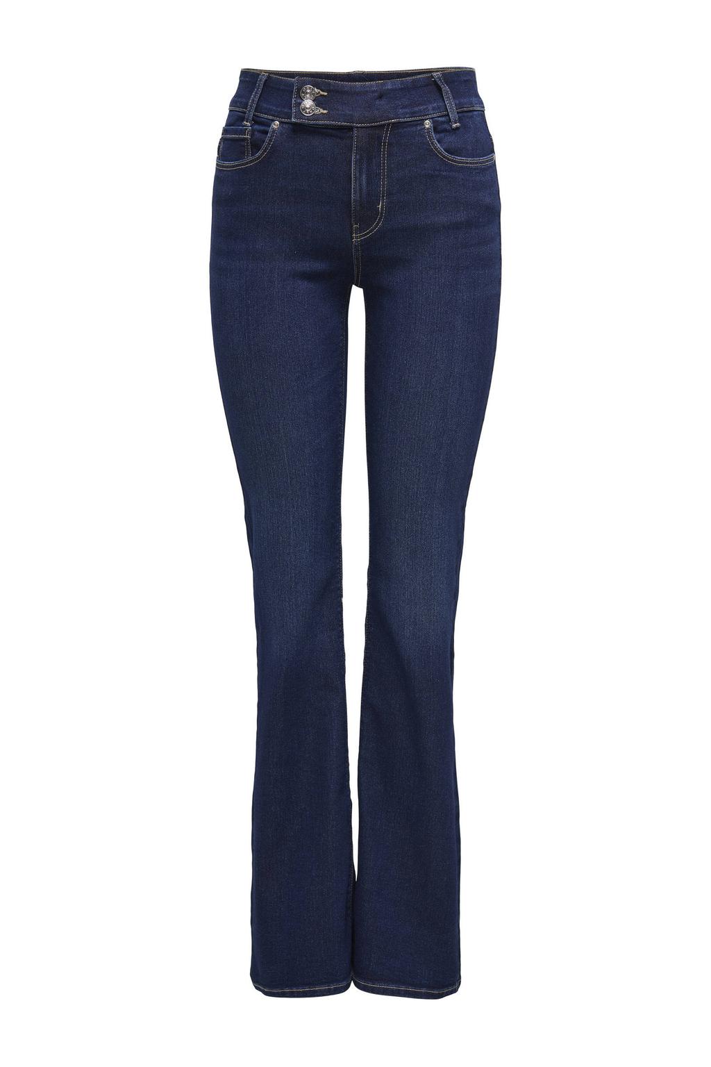 Dark blue denim dames ONLY TALL flared jeans dark blue van denim met rits- en knoopsluiting en effen