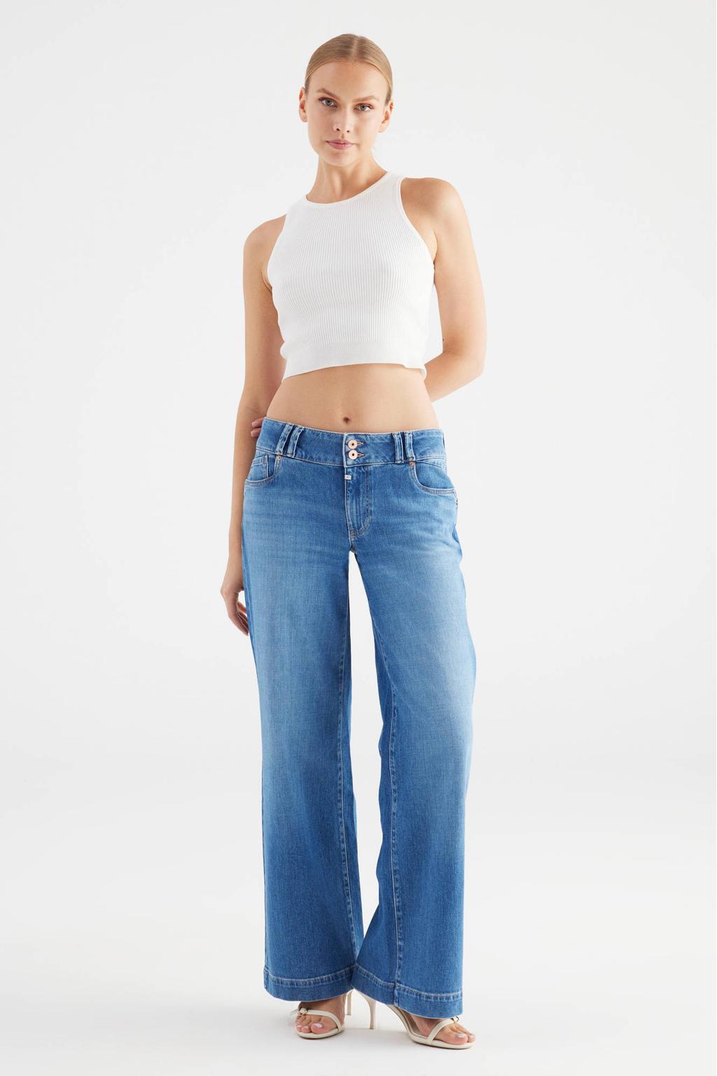 Medium blue denim dames Cup of Joe Denim wide leg jeans met rits- en knoopsluiting en effen