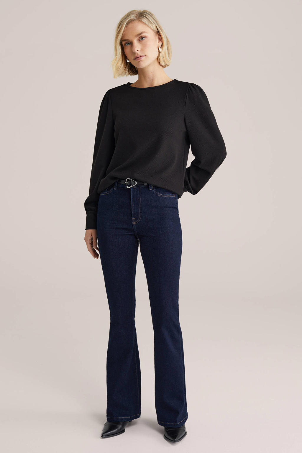 Zwarte dames WE Fashion sweater van polyester met effen, lange mouwen, ronde hals en schouderdetail