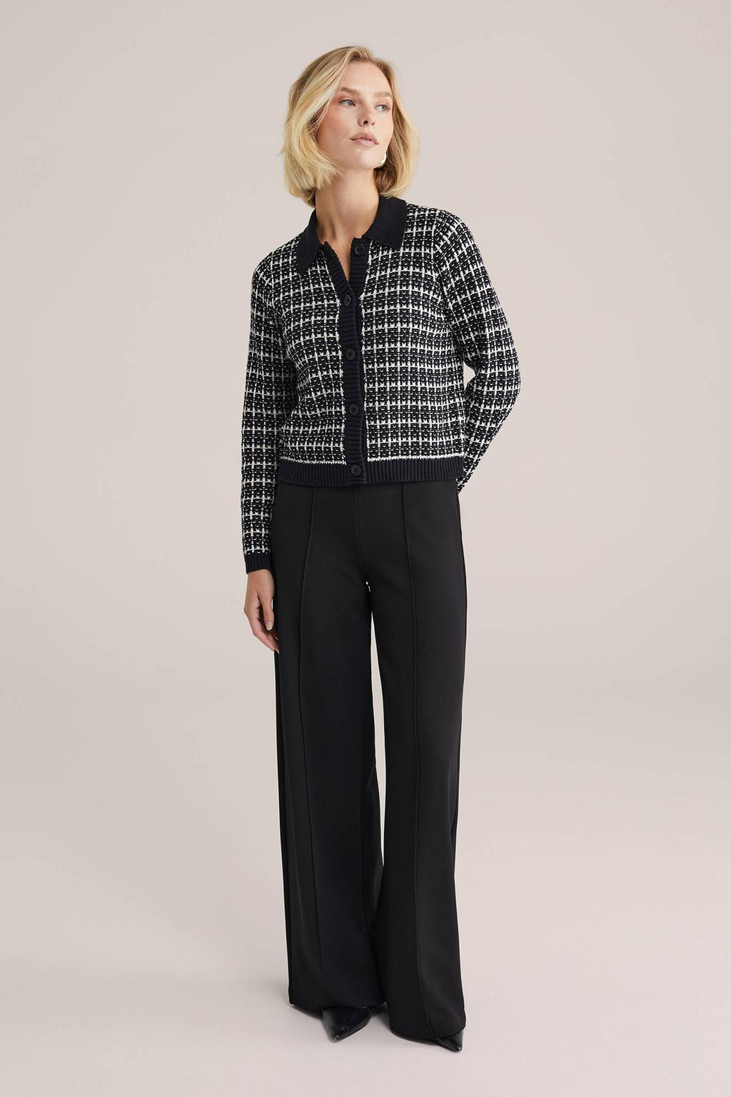 Zwarte dames WE Fashion straight regular waist broek van polyester met elastische tailleband en effen