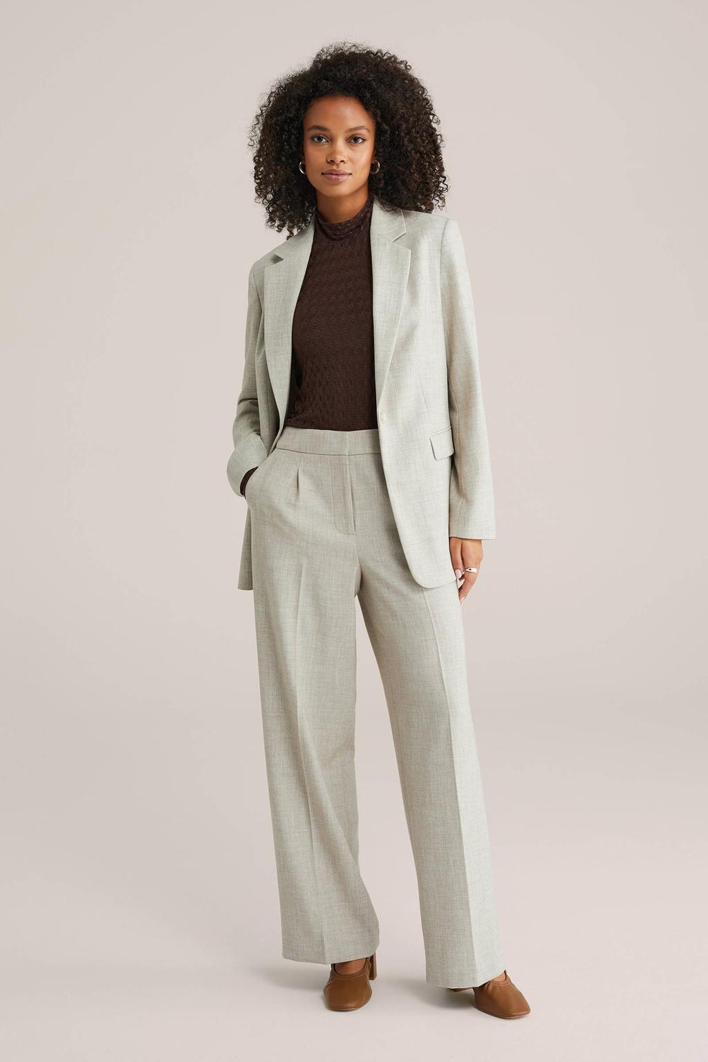 Donkerblauwe dames WE Fashion top van polyester met effen, lange mouwen en col