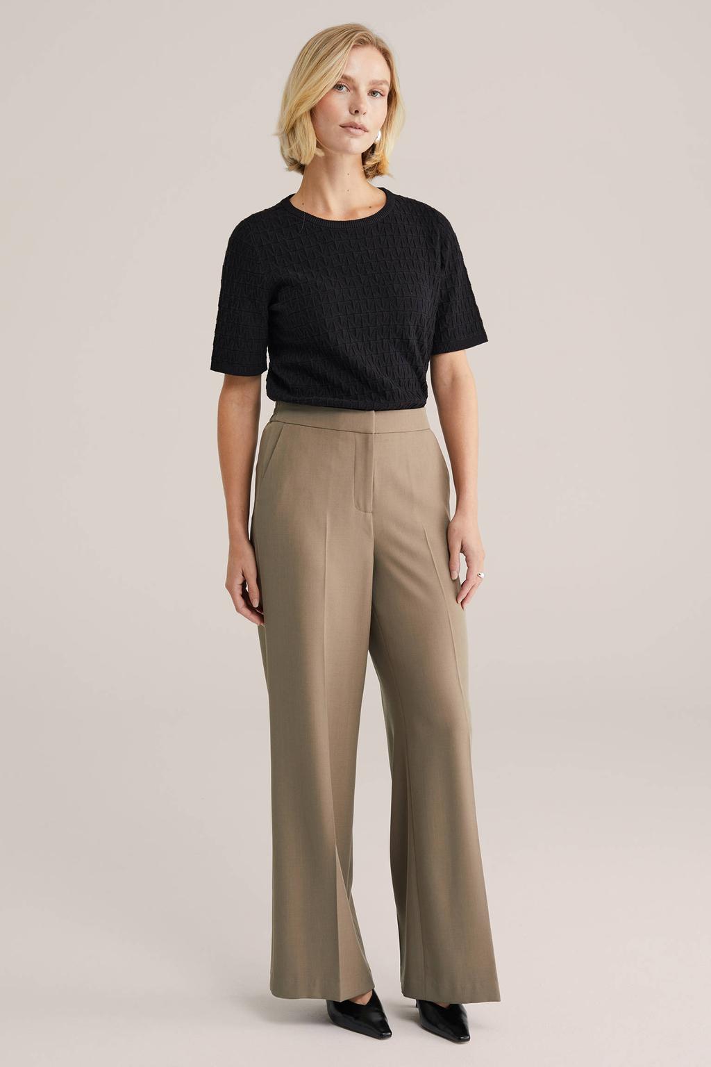 Zwarte dames WE Fashion trui van katoen met effen, korte mouwen, ronde hals en ingebreid patroon