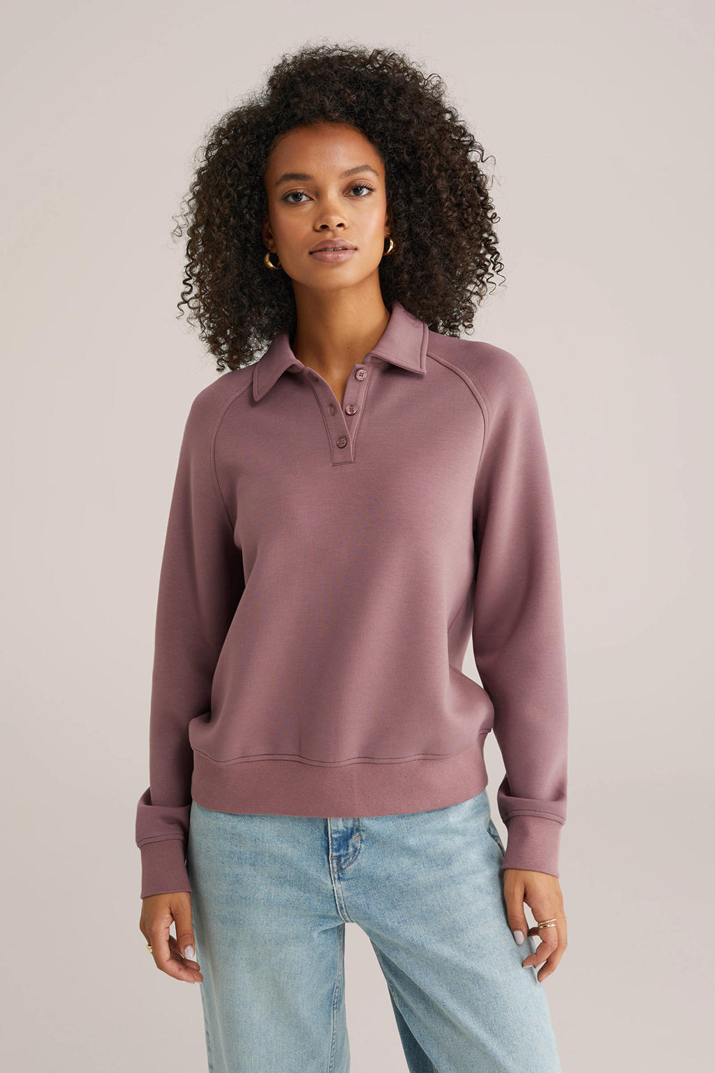 Oudroze dames WE Fashion sweater van viscose met effen, lange mouwen en polo kraag