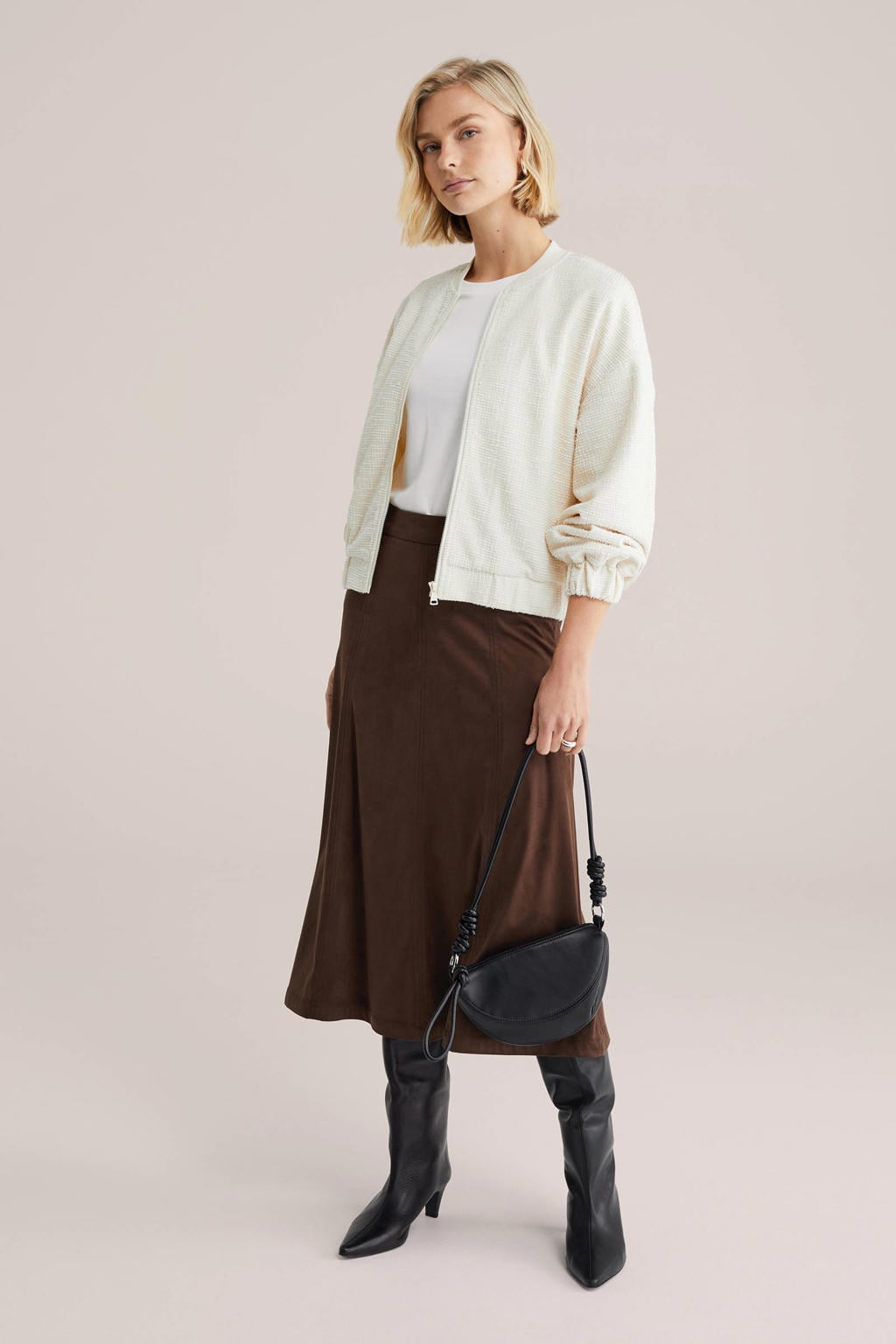 Ecru dames WE Fashion bomberjack van polyester met effen, lange mouwen, ronde hals, ritssluiting en textuur