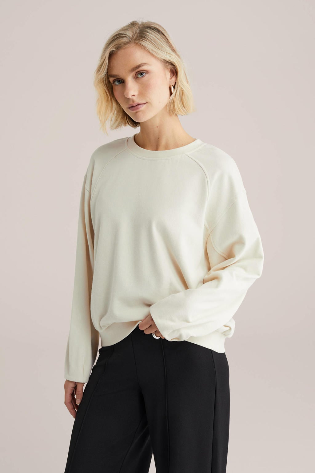 Beige dames WE Fashion sweater van katoen met effen, lange mouwen en ronde hals