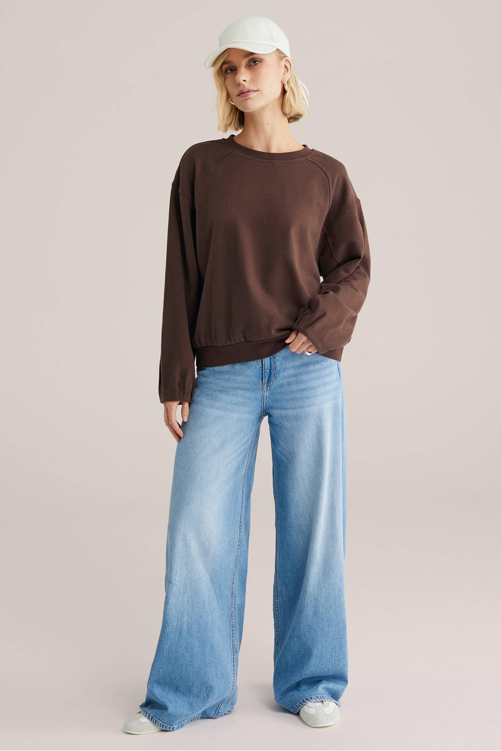 Donkerblauwe dames WE Fashion sweater van katoen met effen, lange mouwen en ronde hals