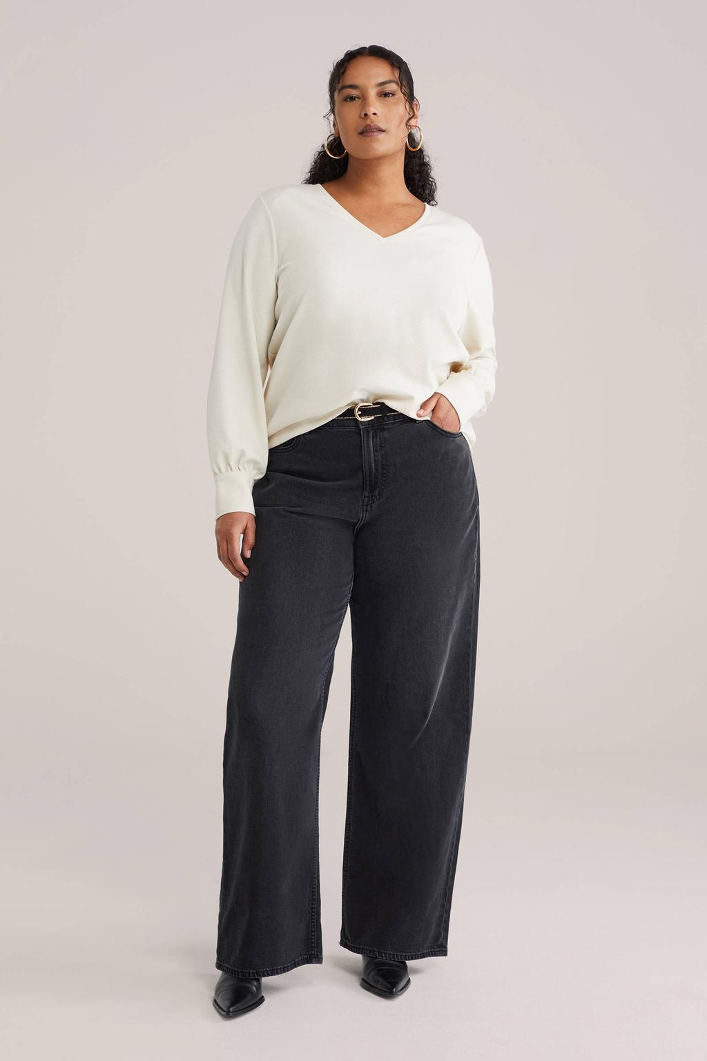 Ecru dames WE Fashion Curve pullover van polyester met effen, lange mouwen en ronde hals