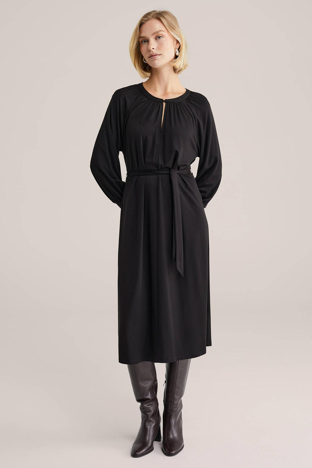 Zwarte dames WE Fashion A-lijn jurk van viscose met effen, lange mouwen, V-hals en knoopsluiting