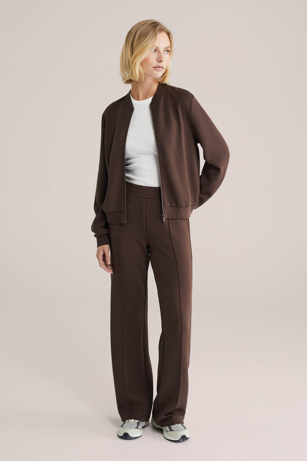 Donkerblauwe dames WE Fashion straight regular waist flared broek van viscose met elastische tailleband en effen