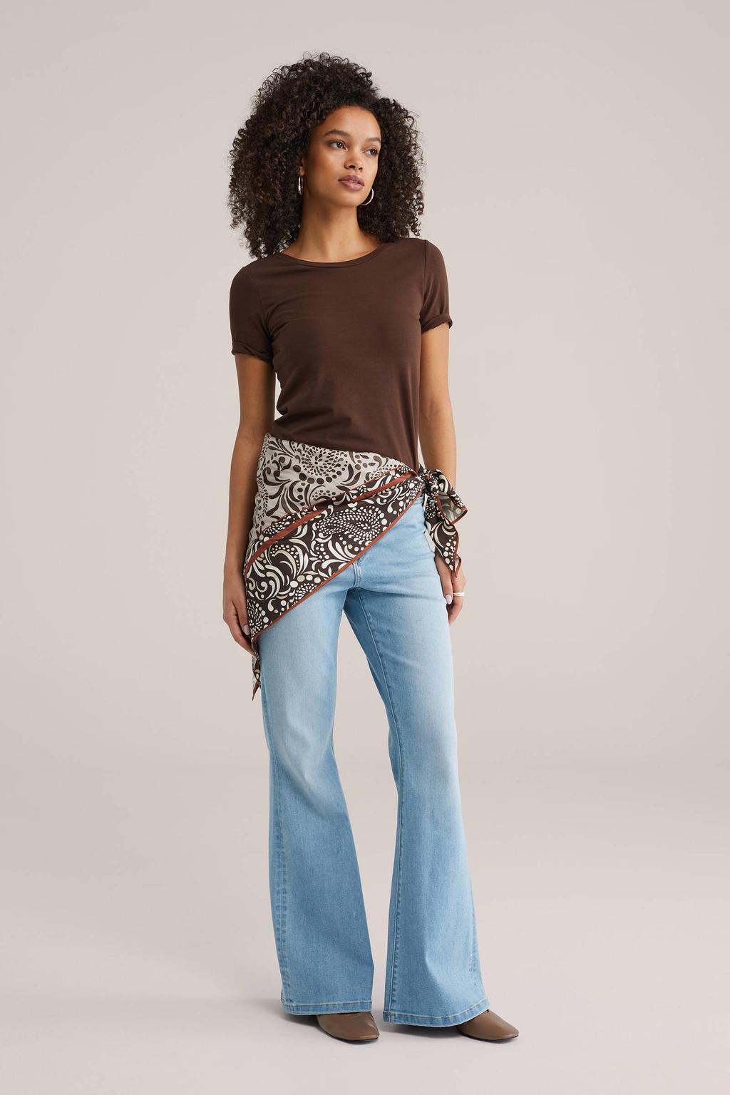 Donkerblauwe dames WE Fashion T-shirt van stretchkatoen met effen, korte mouwen en ronde hals