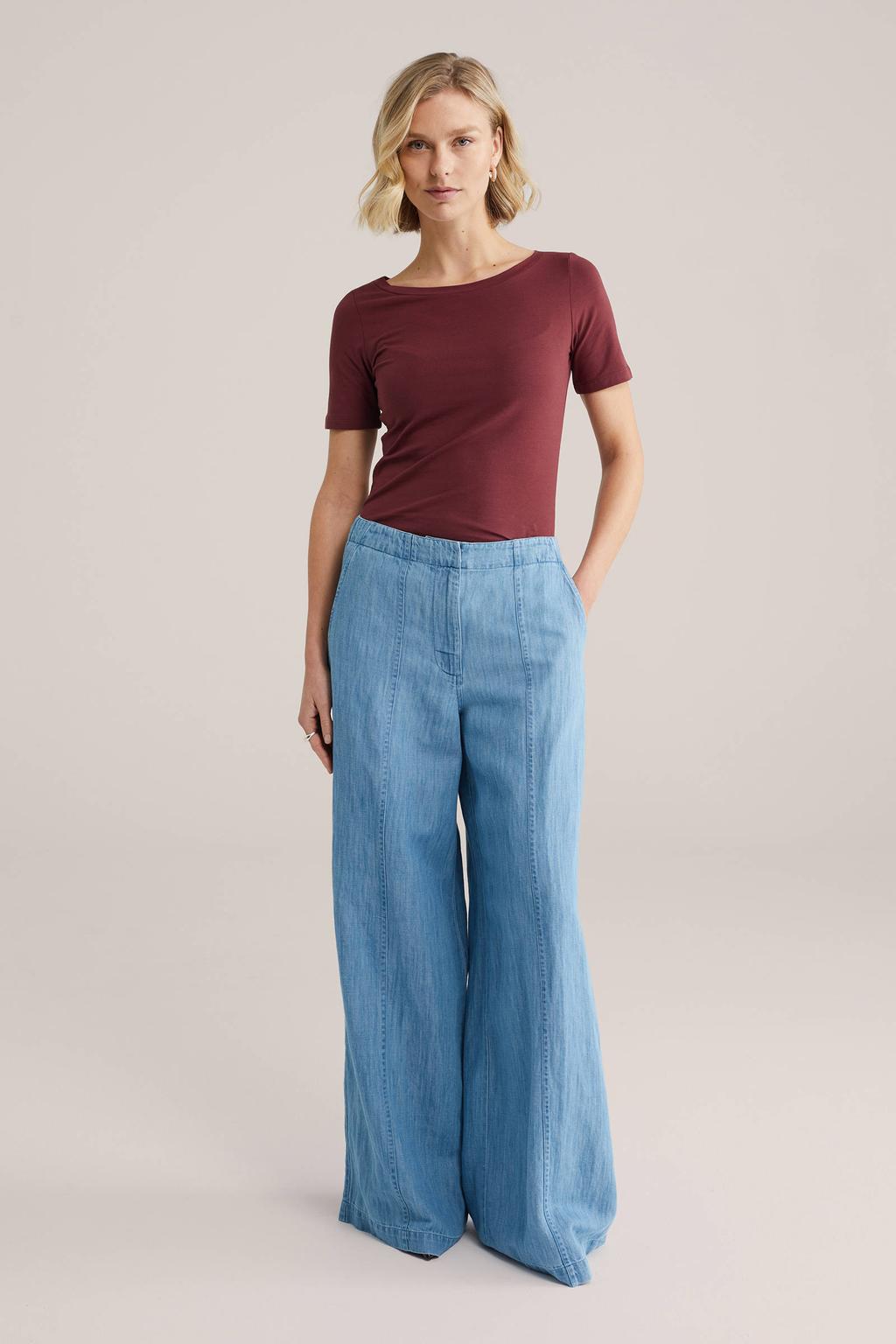 Donkerrode dames WE Fashion T-shirt van katoen met effen, korte mouwen en boothals