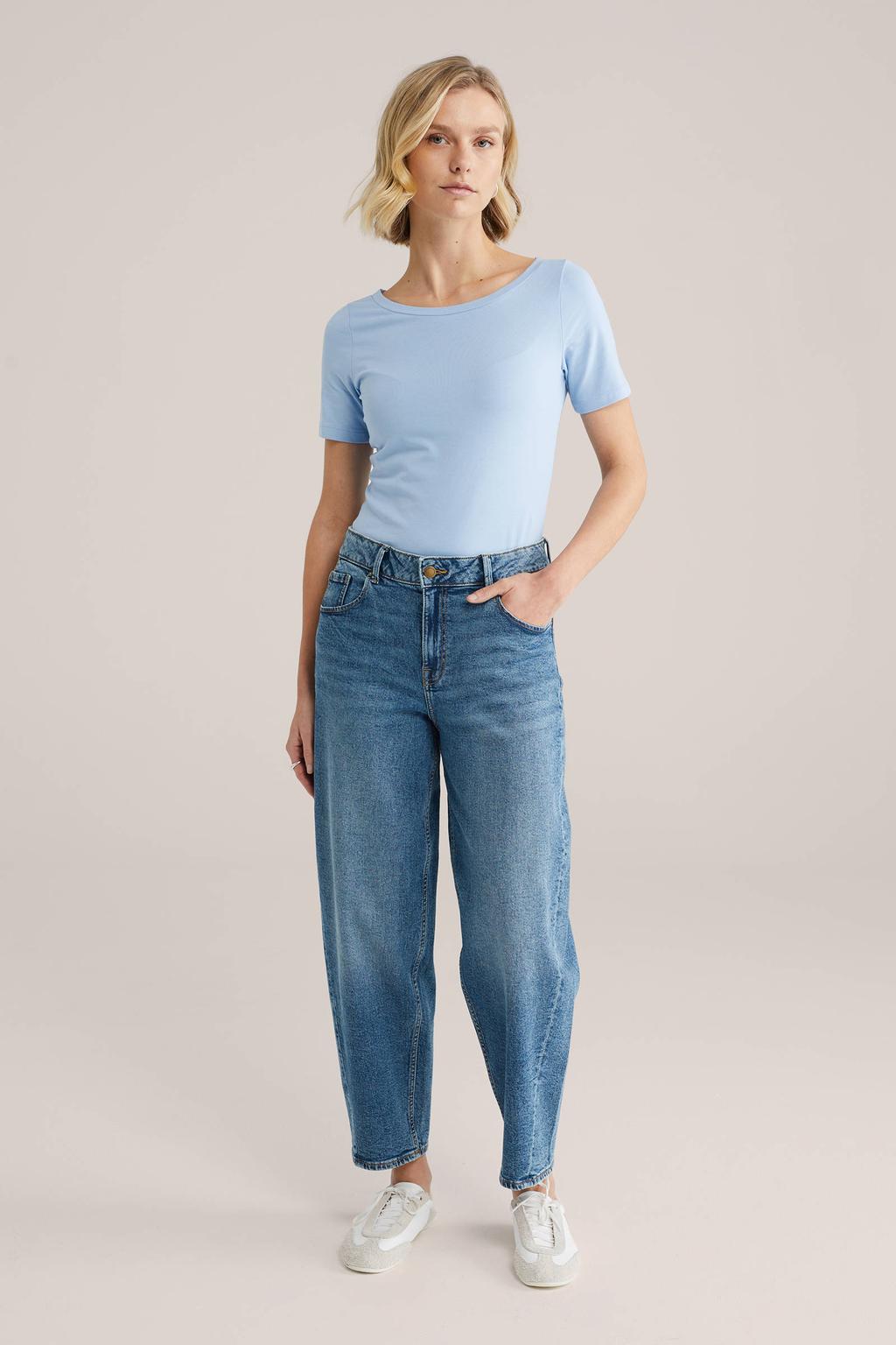 Lichtblauwe dames WE Fashion T-shirt van katoen met effen, korte mouwen en boothals
