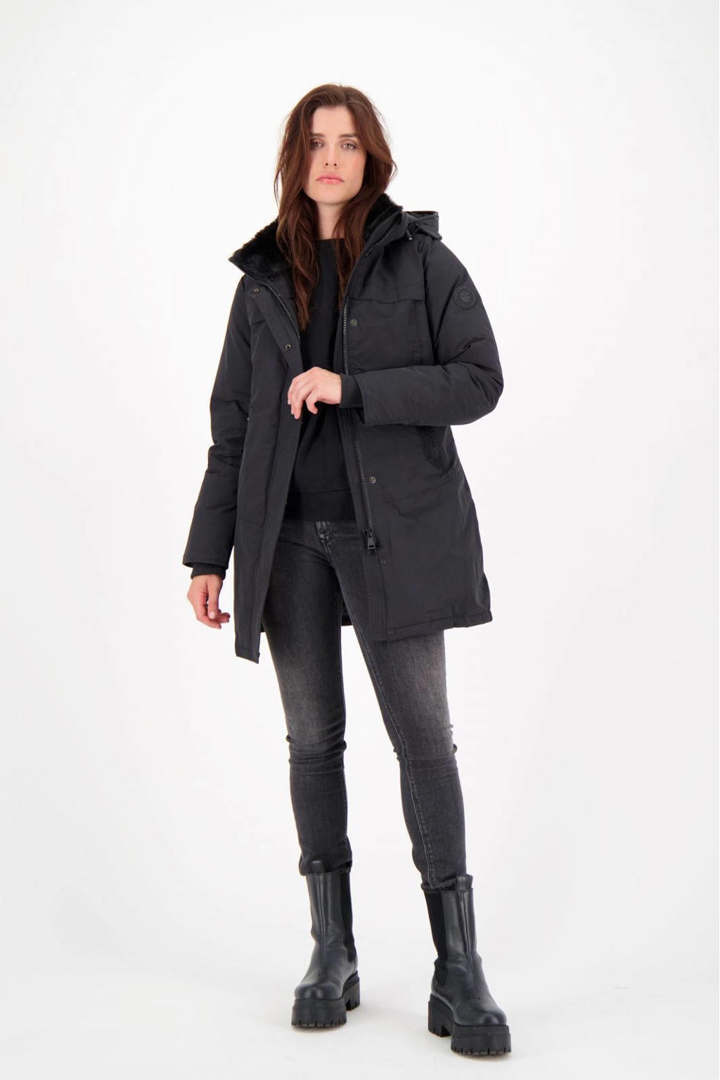 Zwarte dames Airforce parka van polyester met effen, lange mouwen, capuchon en blinde ritssluiting