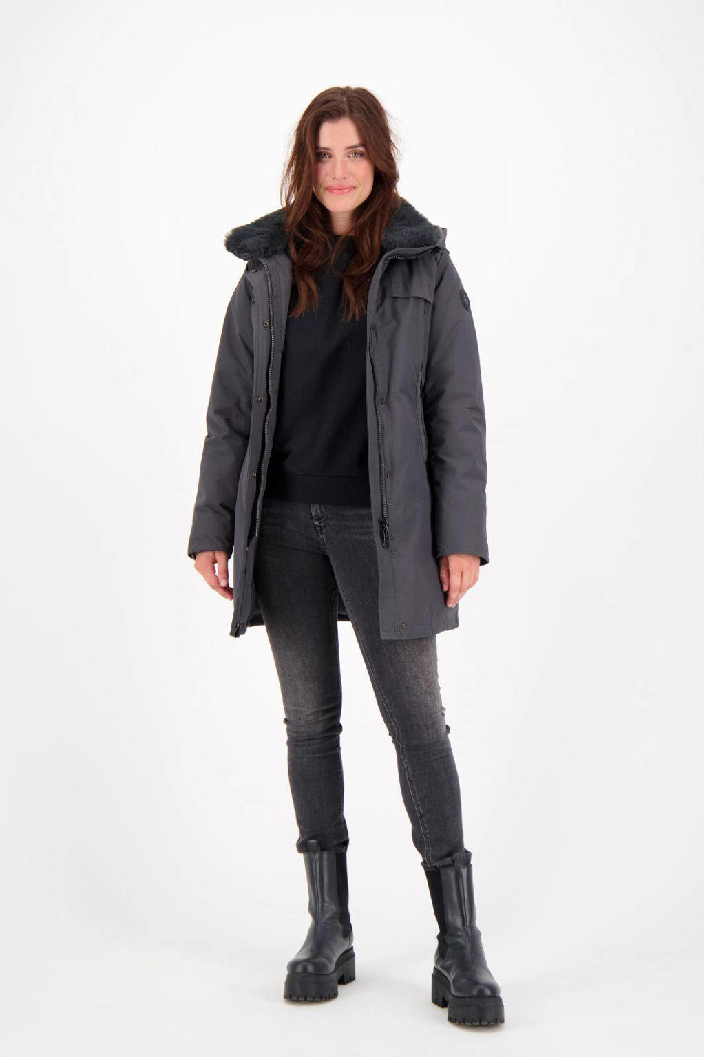 Grijze dames Airforce parka van polyester met effen, lange mouwen, capuchon en blinde ritssluiting