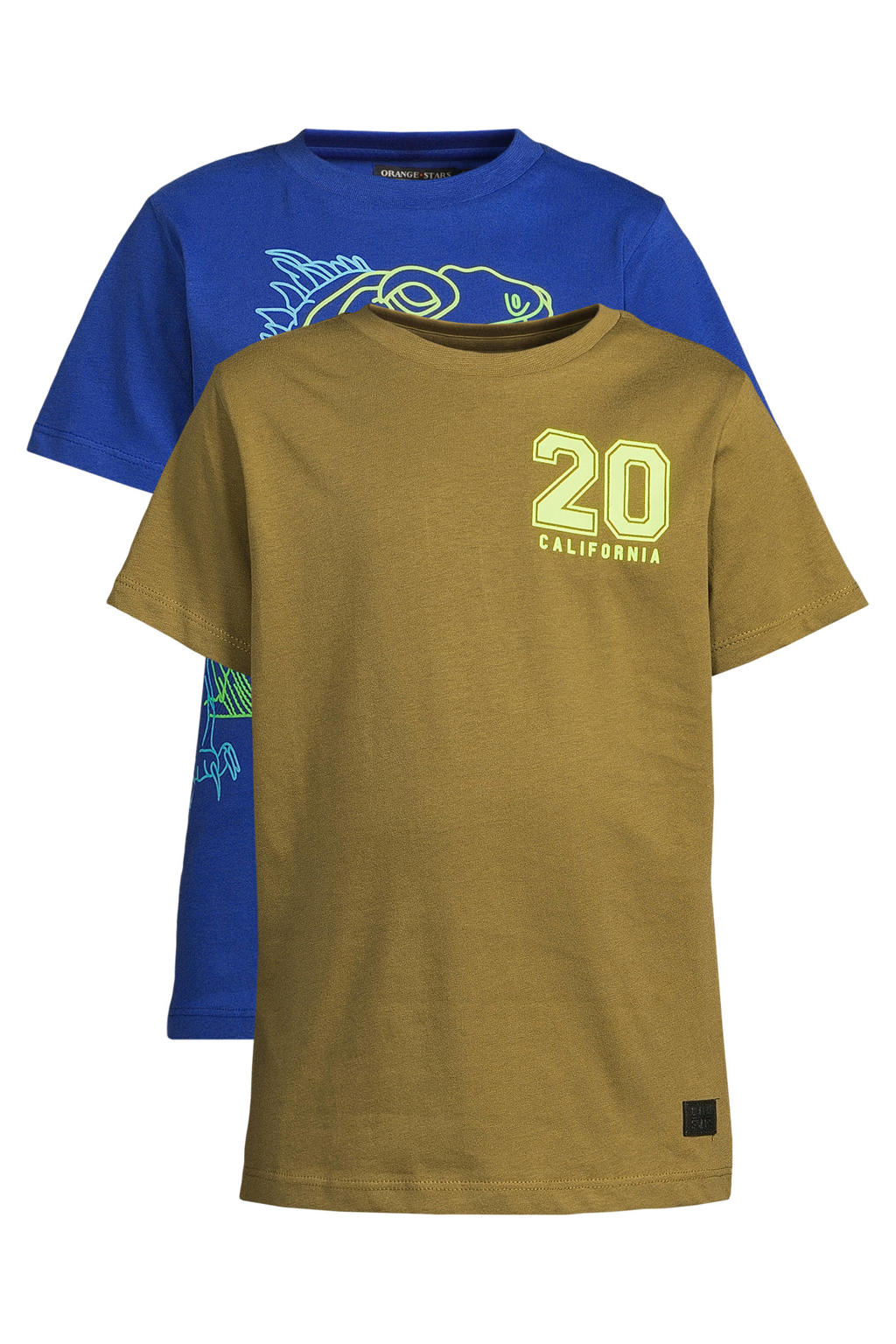 Set van 2 groen en kobaltblauwe jongens Orange Stars T-shirt van katoen met printopdruk, korte mouwen en ronde hals