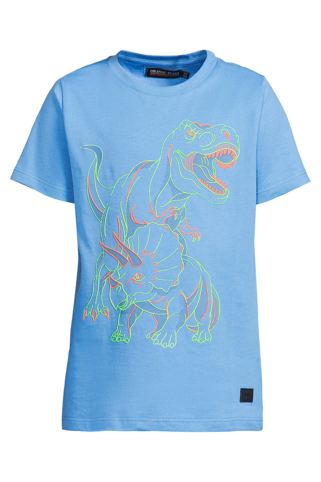 Lichtblauwe jongens Orange Stars T-shirt van katoen met printopdruk, korte mouwen en ronde hals