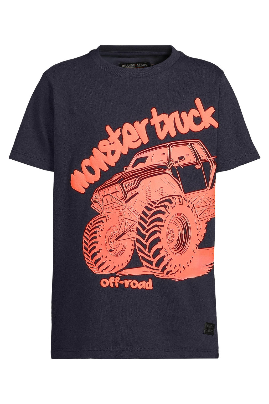 Donkerblauwe jongens Orange Stars T-shirt van katoen met printopdruk, korte mouwen en ronde hals