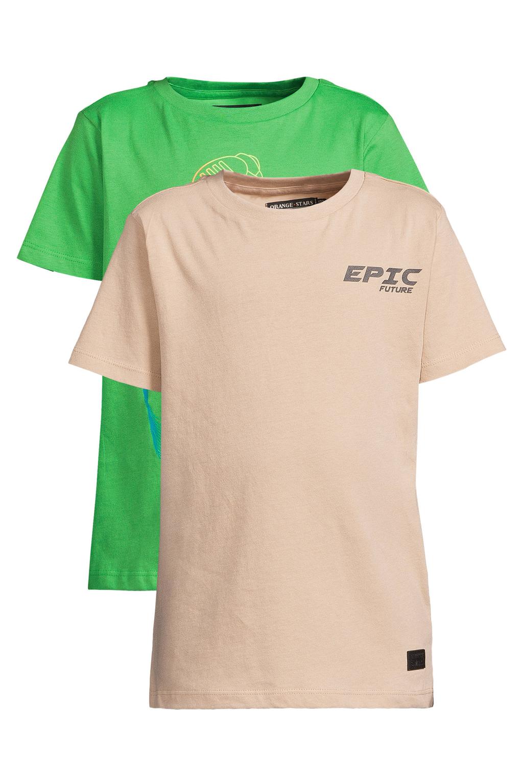 Set van 2 zand en groene jongens Orange Stars T-shirt felgroen van katoen met printopdruk, korte mouwen en ronde hals